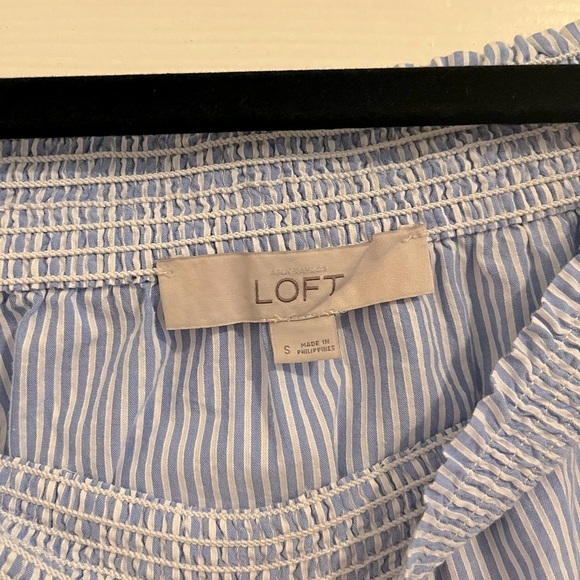 LOFT | Off Shoulder Blue Stripe 3/4 Sleeve Top with Tie Sleeves Size S - Picture 3 of 4